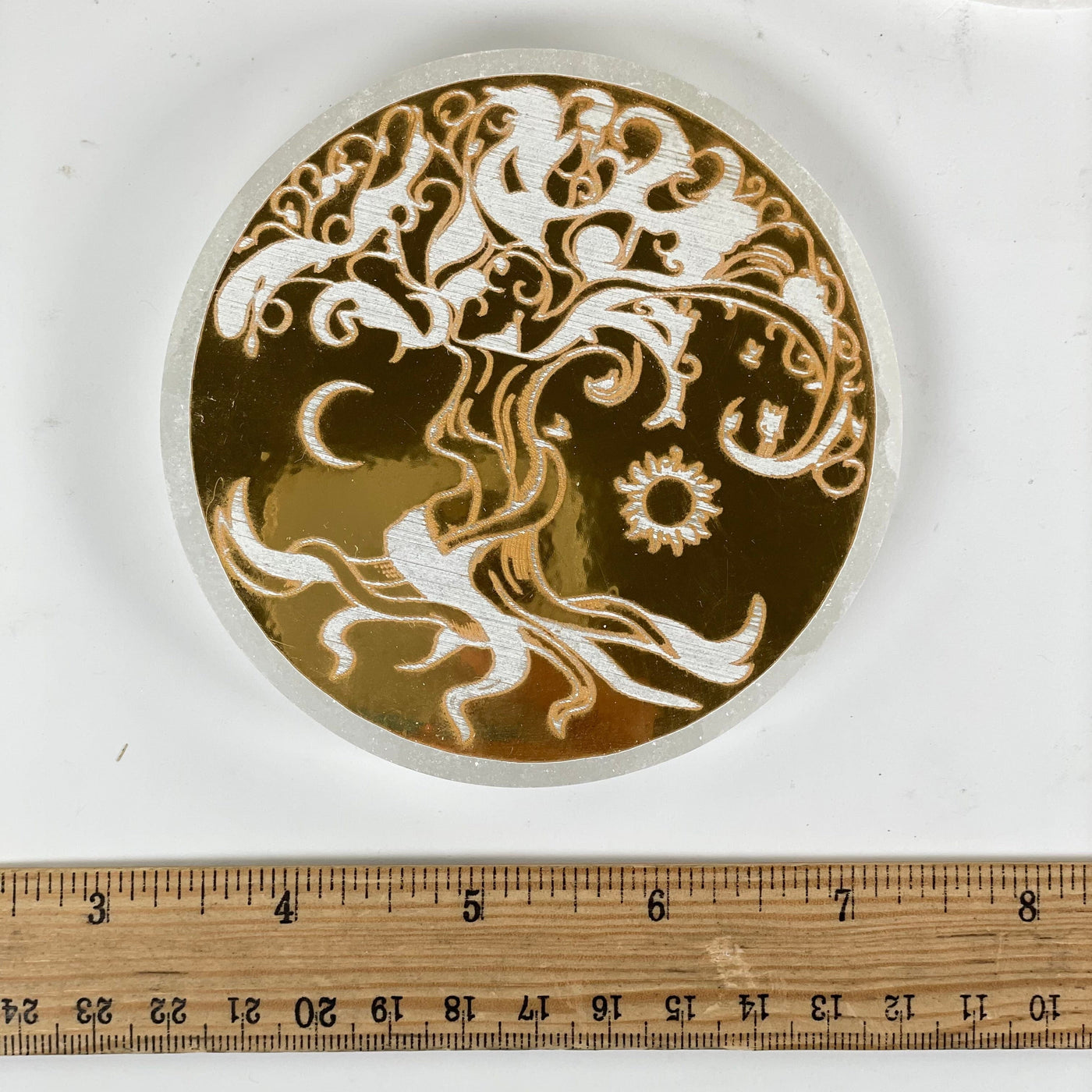 Selenite Crystal Coasters with Gold Foil Tree of Life Decal - You Get All one with ruler for size reference