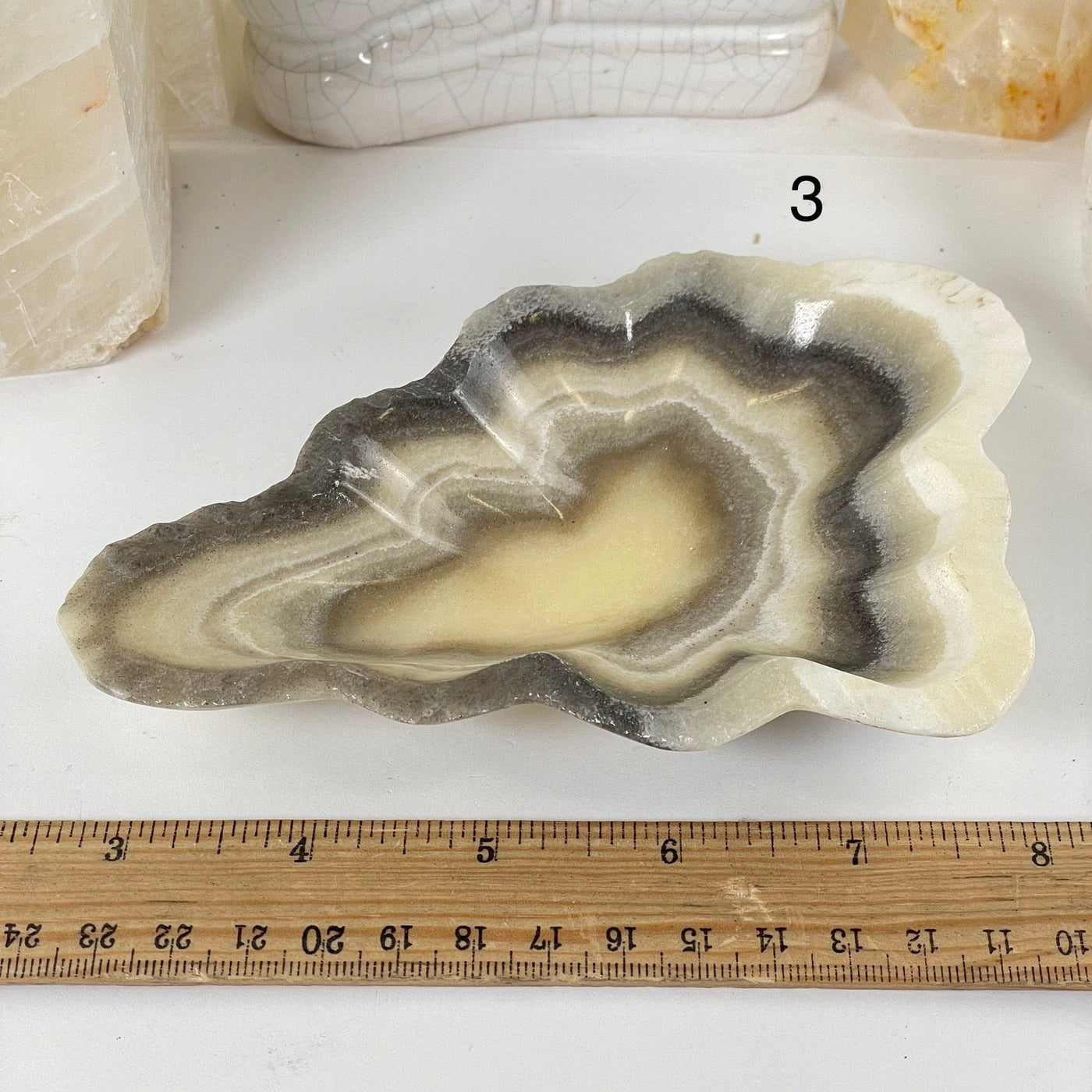 Mexican Onyx Small Bowl - Crystal Dish - You Choose #3 variant 3 labeled with ruler for size reference