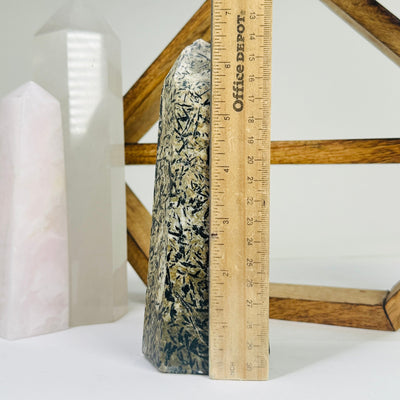 epidote point next to a ruler for size reference