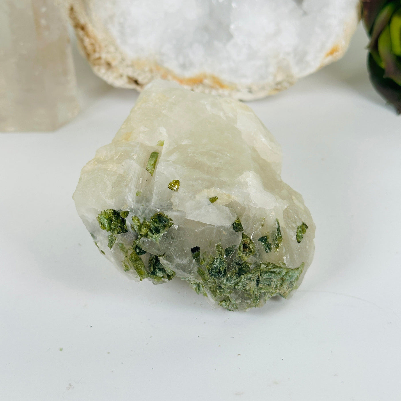 Green Tourmaline Rough Crystal on Quartz Matrix - One-of-a-Kind front view