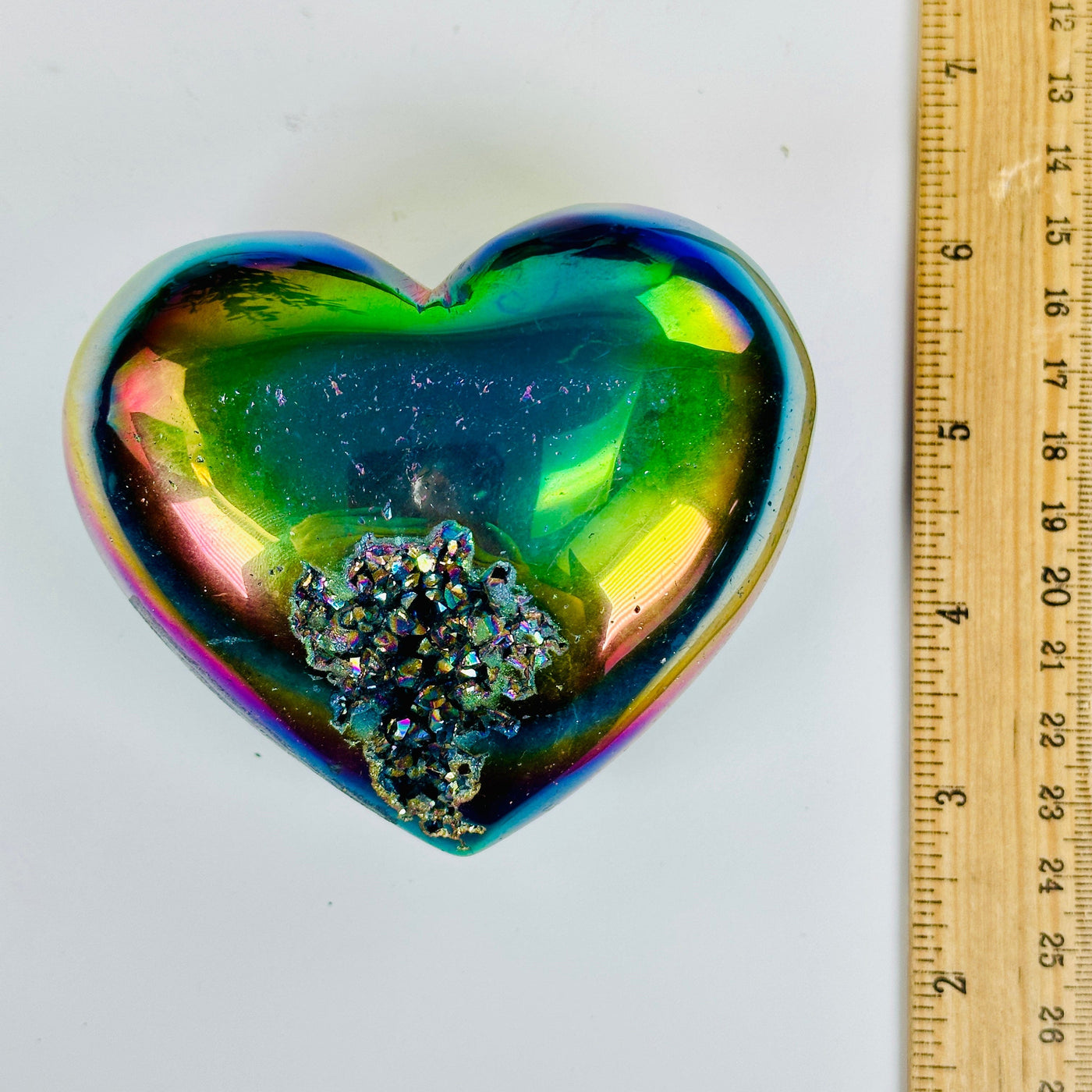 Rainbow Titanium Coated Crystal Heart - One-of-a-Kind with ruler for size reference