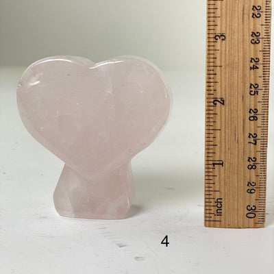 Rose Quartz Crystal Heart on Stand - You Choose variant 4 labeled with ruler for size reference