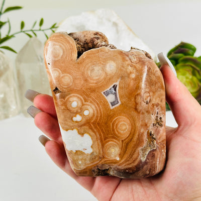 Pink Amethyst Polished Crystal Freeform One-of-a-Kind #1 with hand for size reference