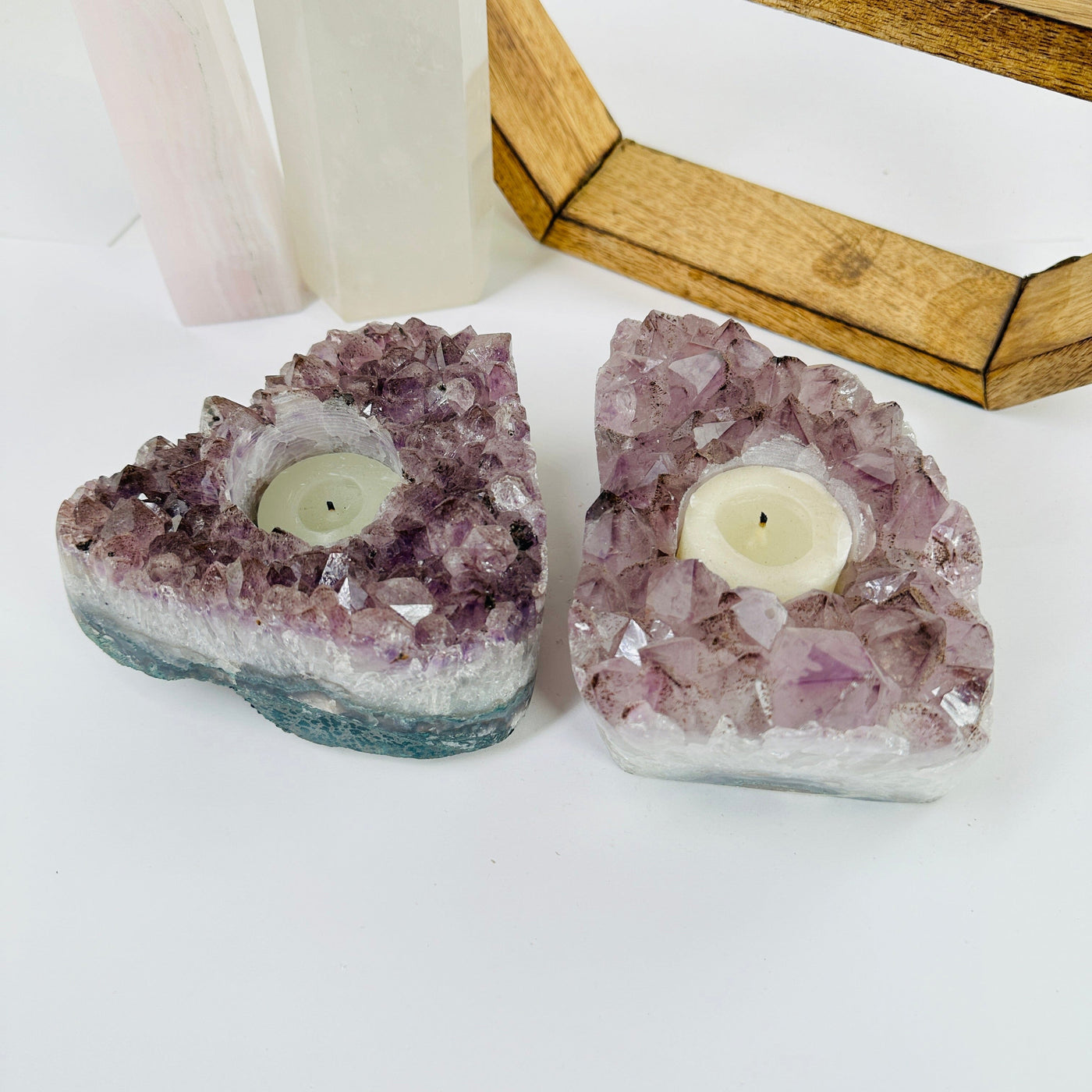 amethyst candle holder with decorations in the background
