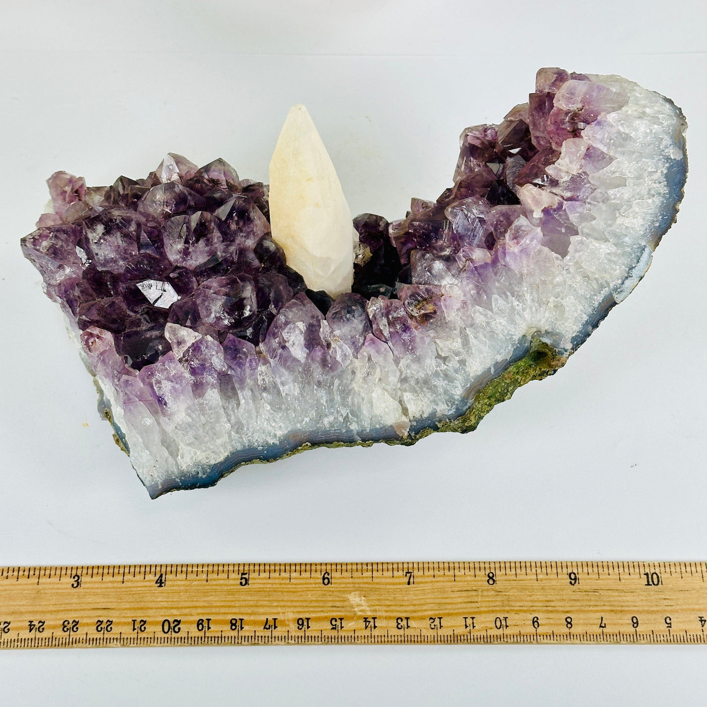 Amethyst Crystal Cluster with Calcite One-of-a-Kind #3 top view with ruler for size reference