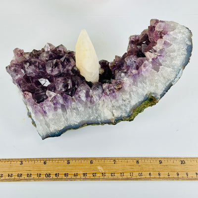 Amethyst Crystal Cluster with Calcite One-of-a-Kind #3 top view with ruler for size reference