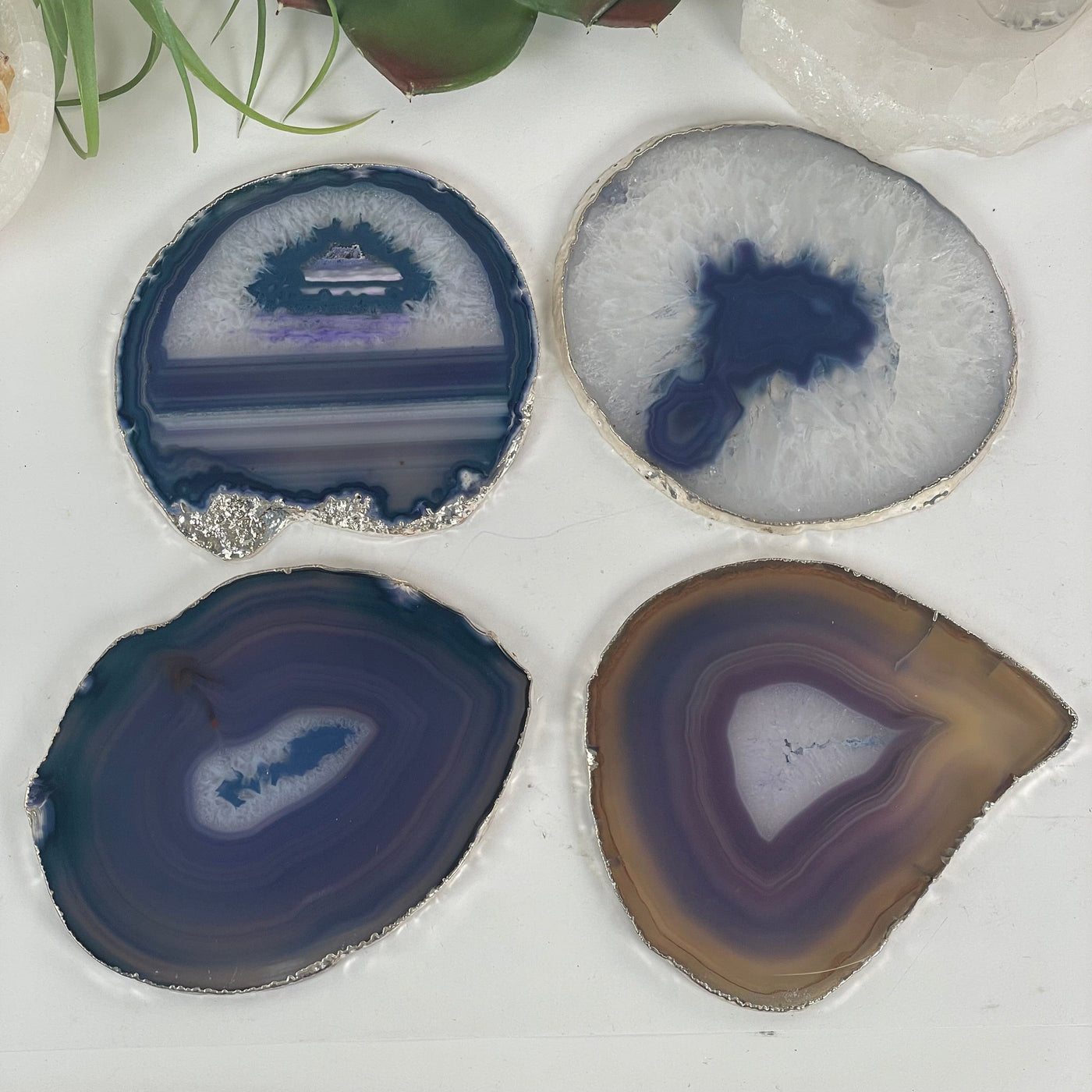 Teal and Purple Agate Slice Coasters Set with Silver Electroplated Edges - Set of 4 Coasters top view