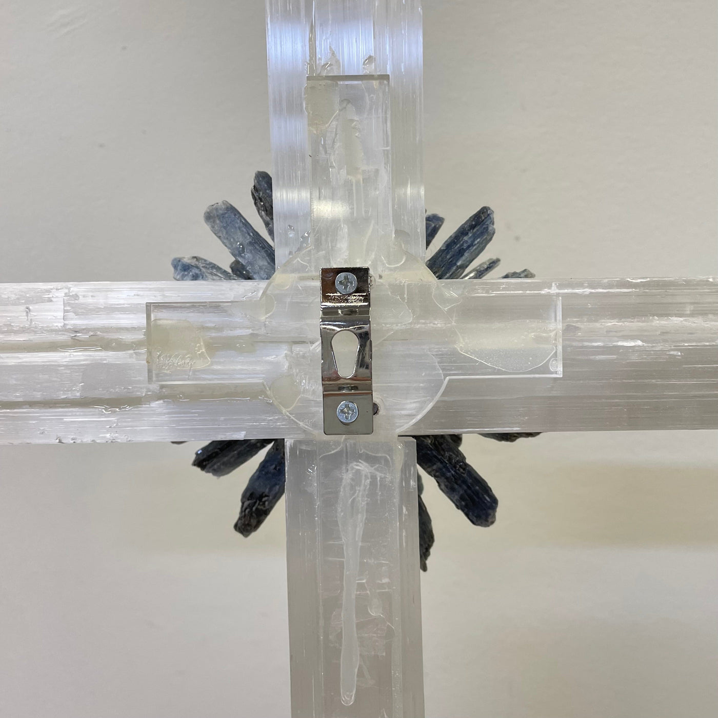 Selenite Blue Kyanite and Amethyst Crystal Cross Wall Hanging - One-of-a-Kind detail of wall hanging fixture