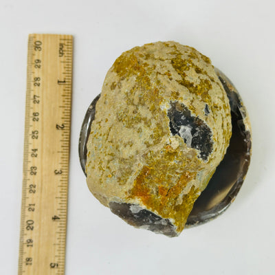 agate geode box next to a ruler for size reference