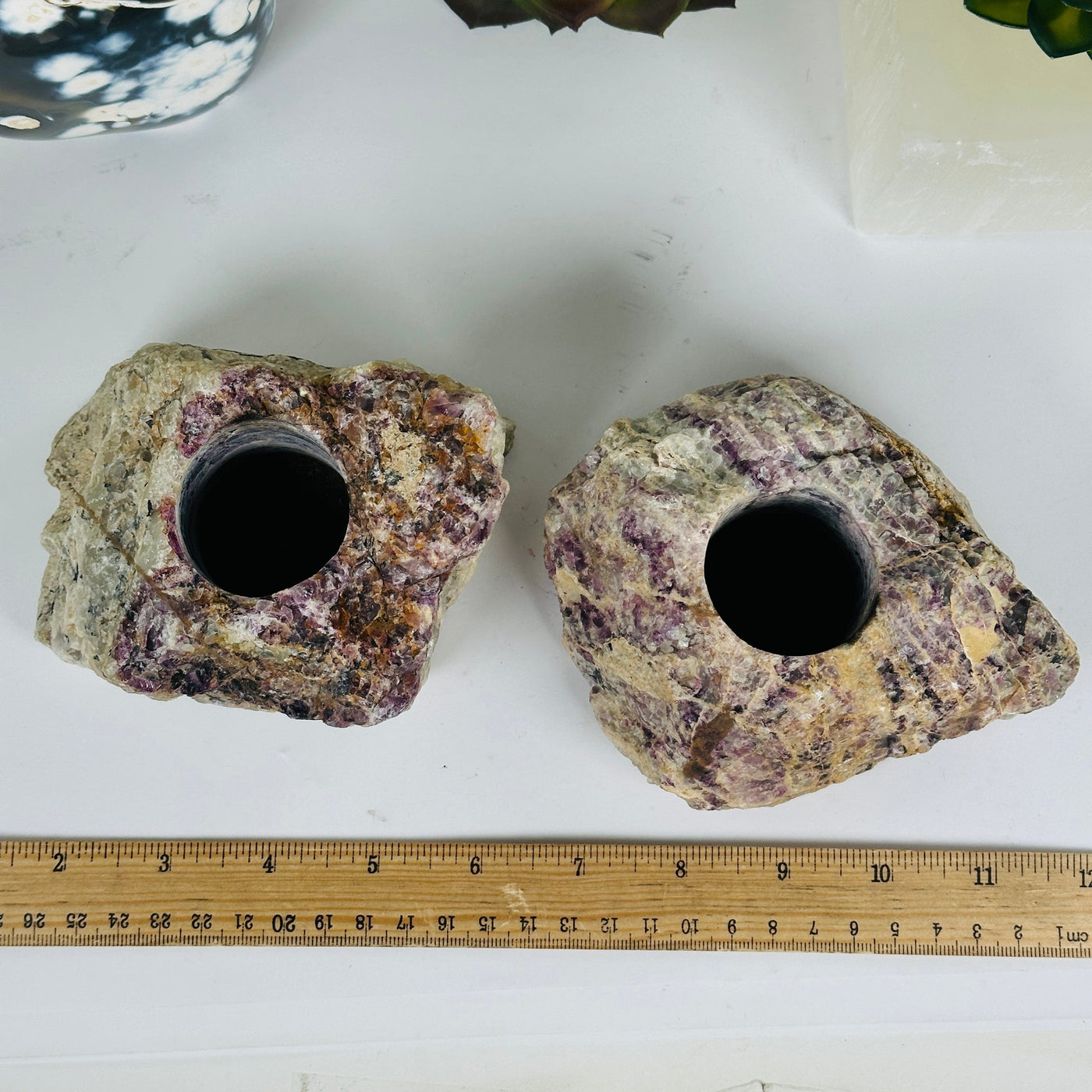 Lepidolite Rough Crystal Candle Holder - You Choose both variants top view with ruler for size reference