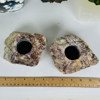 Lepidolite Rough Crystal Candle Holder - You Choose both variants top view with ruler for size reference