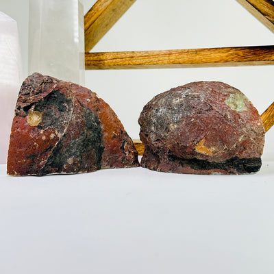 agate bookend with decorations in the background