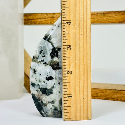 moonstone point next to a ruler for size reference