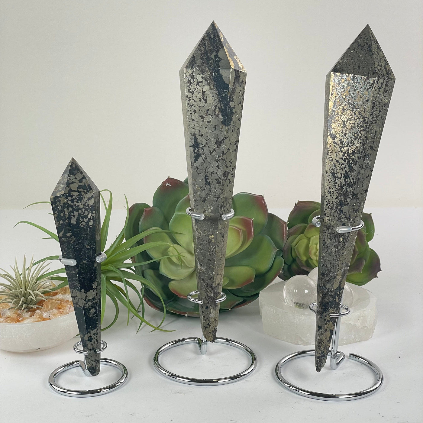 Pyrite Crystal Wand on Stand - You Choose all three variants front view