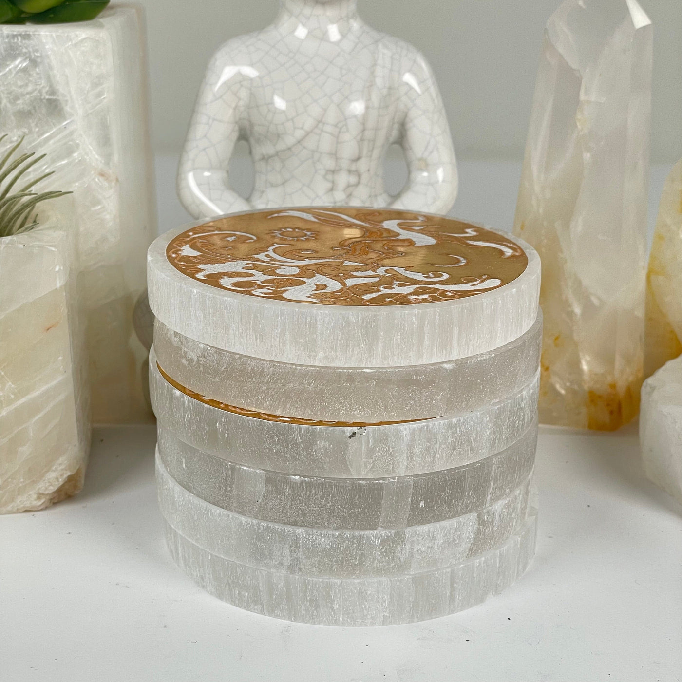 Selenite Crystal Coasters with Gold Foil Tree of Life Decal - You Get All all in a stack