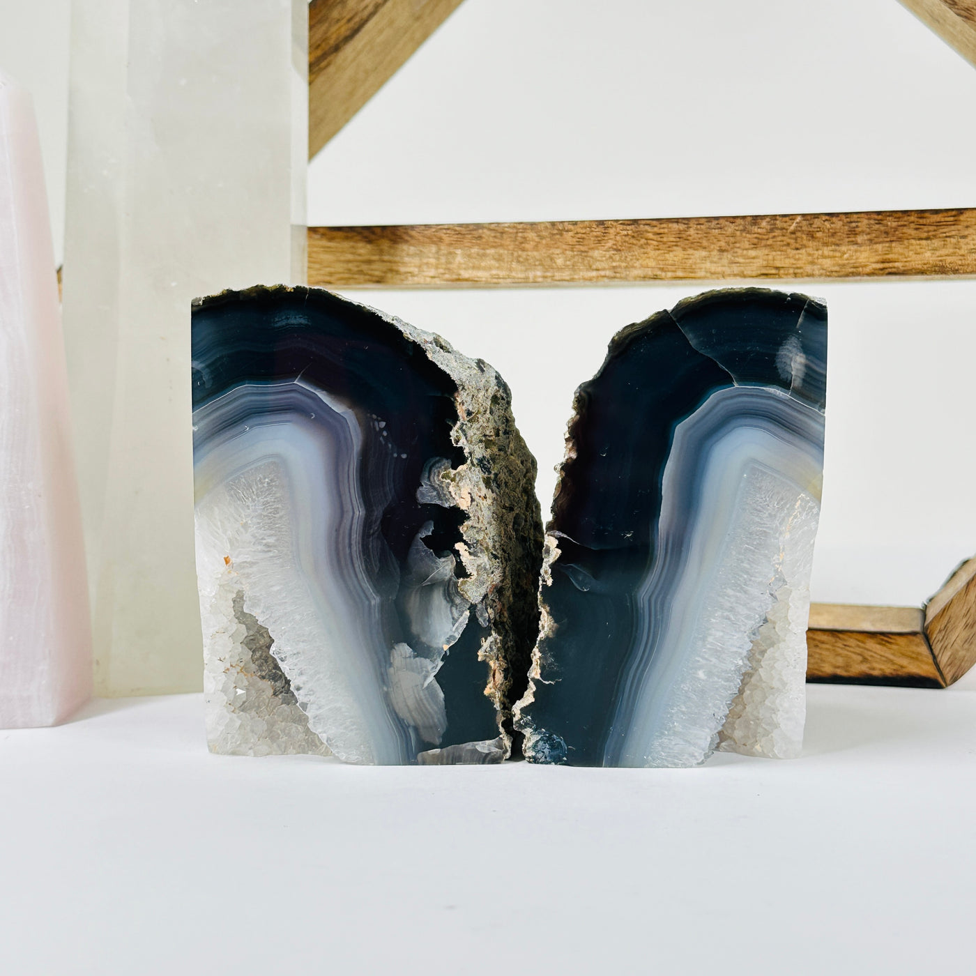 agate BOOKENDS with decorations in the background