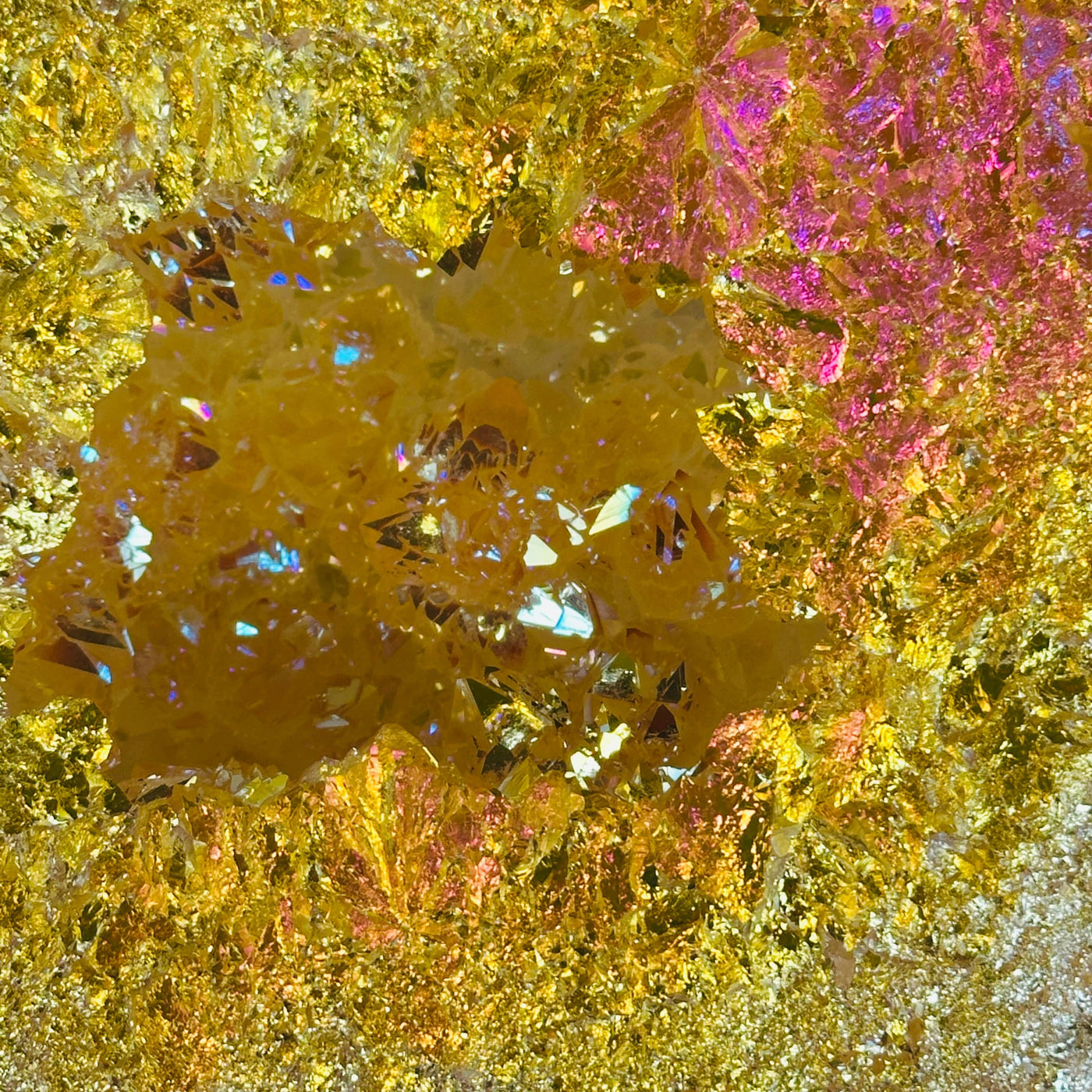 Sunshine Aura Quartz Crystal Geode Pair closeup for detail