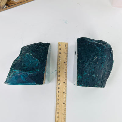 agate bookends next to a ruler for size reference