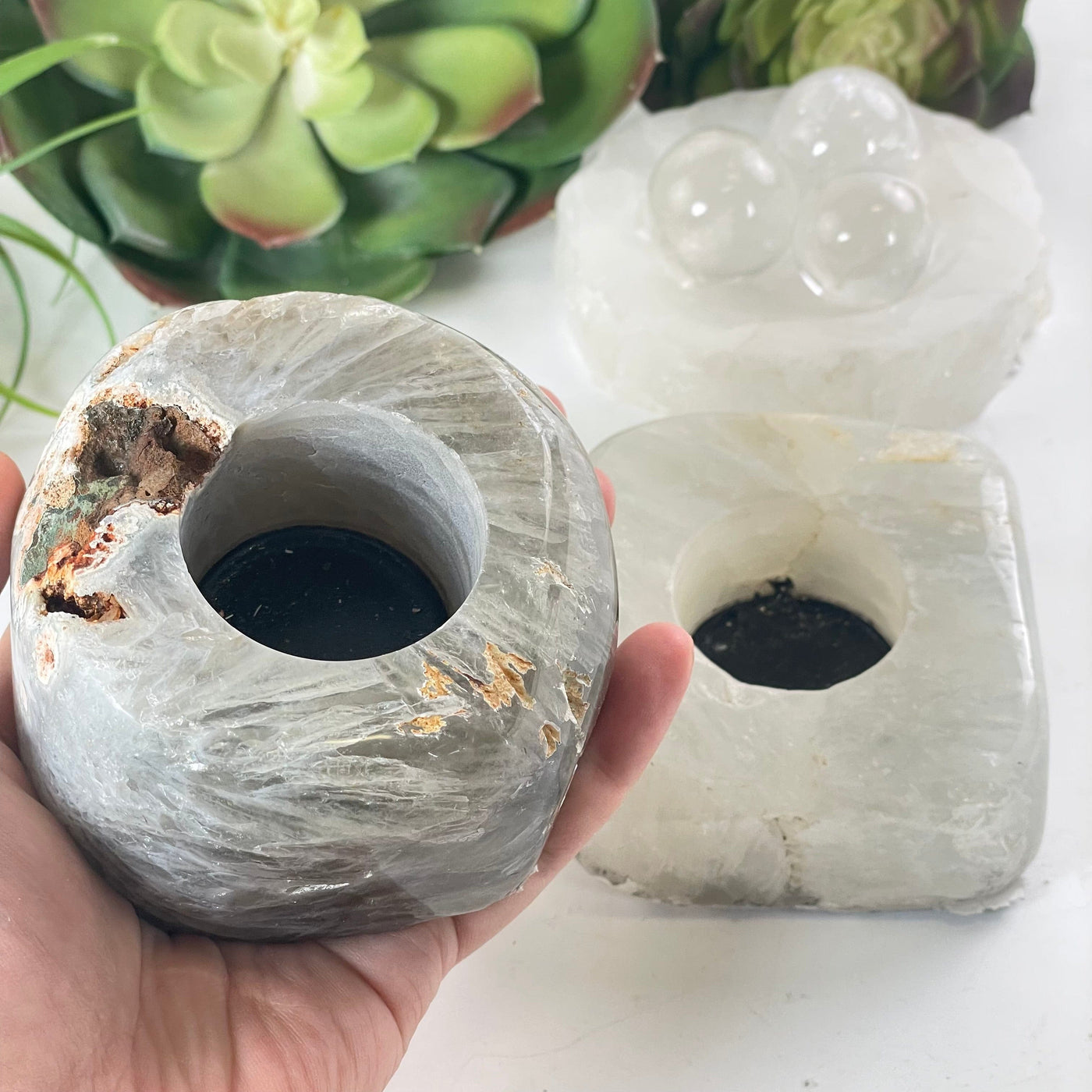 Agate Crystal Candle Holder - You Choose - variant 1 in hand for size reference with other variant in the background