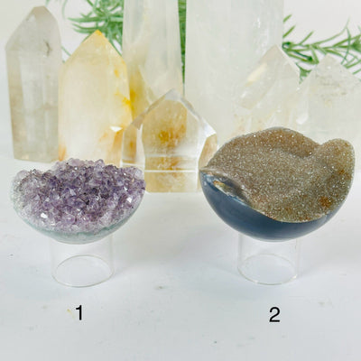 Agate Amethyst Druzy Hemisphere from Uruguay - Crystal Half Sphere - You Choose variants 1 and 2 labeled side view