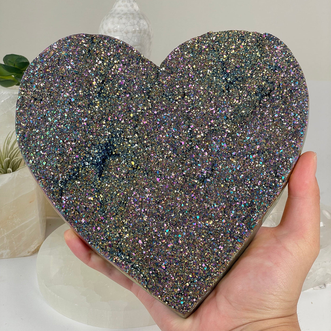 Titanium Coated Large Crystal Cluster Heart - One-of-a-Kind in hand for size reference