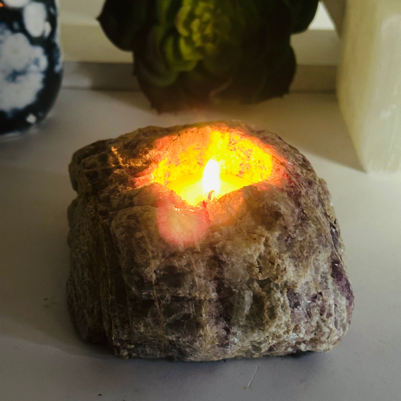 Lepidolite Rough Crystal Candle Holder - You Choose variant 2 with candle lit