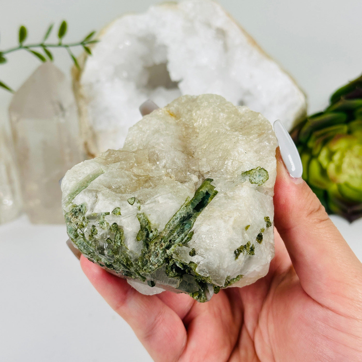Green Tourmaline Rough Crystal on Quartz Matrix - One-of-a-Kind in hand for size reference