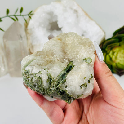 Green Tourmaline Rough Crystal on Quartz Matrix - One-of-a-Kind in hand for size reference
