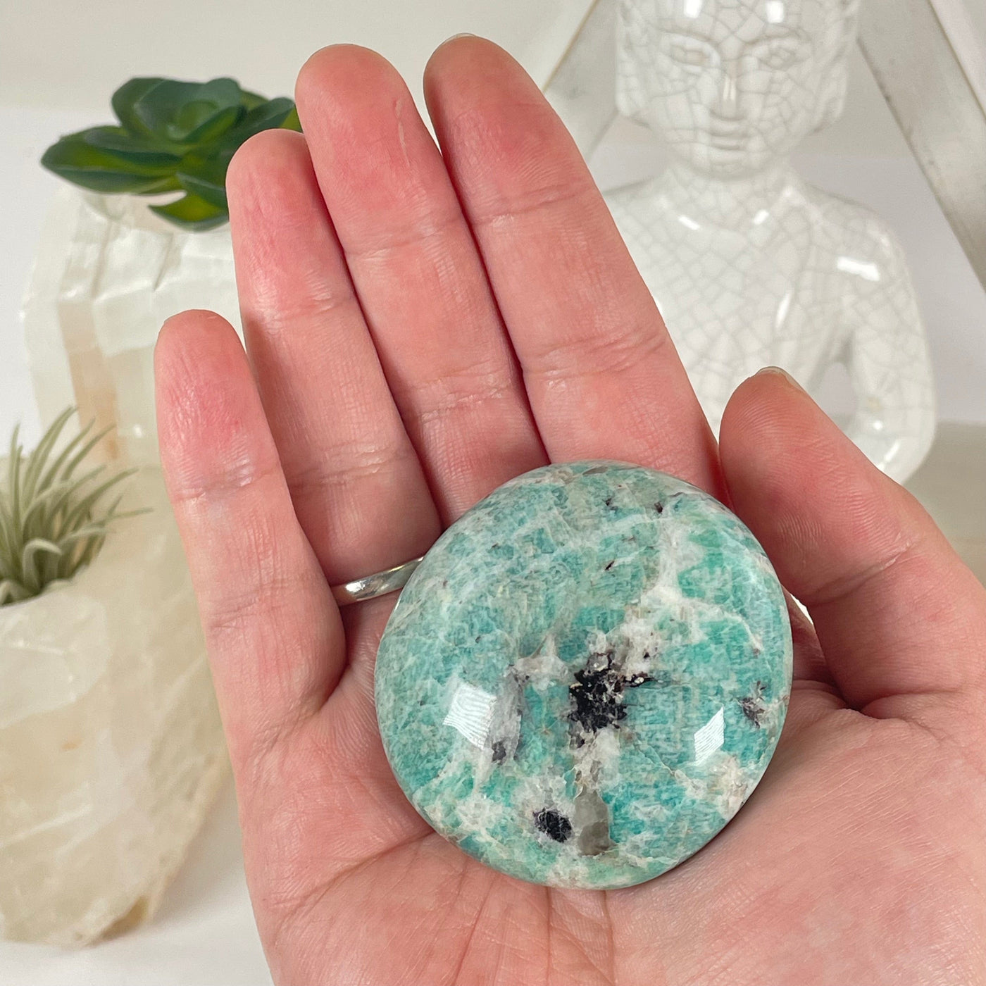 Amazonite Polished Crystal Palm Stone - One-of-a-Kind in hand for size reference