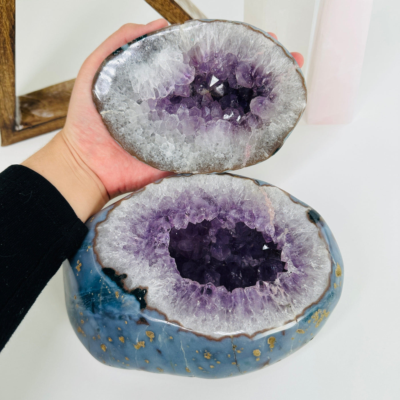 amethyst geode box with decorations in the background