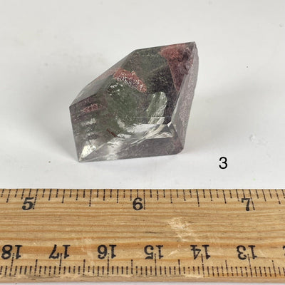 Garden Quartz Lodalite Polished Crystal Prism next to a ruler for size reference Choice #3