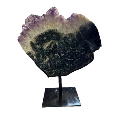 amethyst with jasper on metal stand on white background