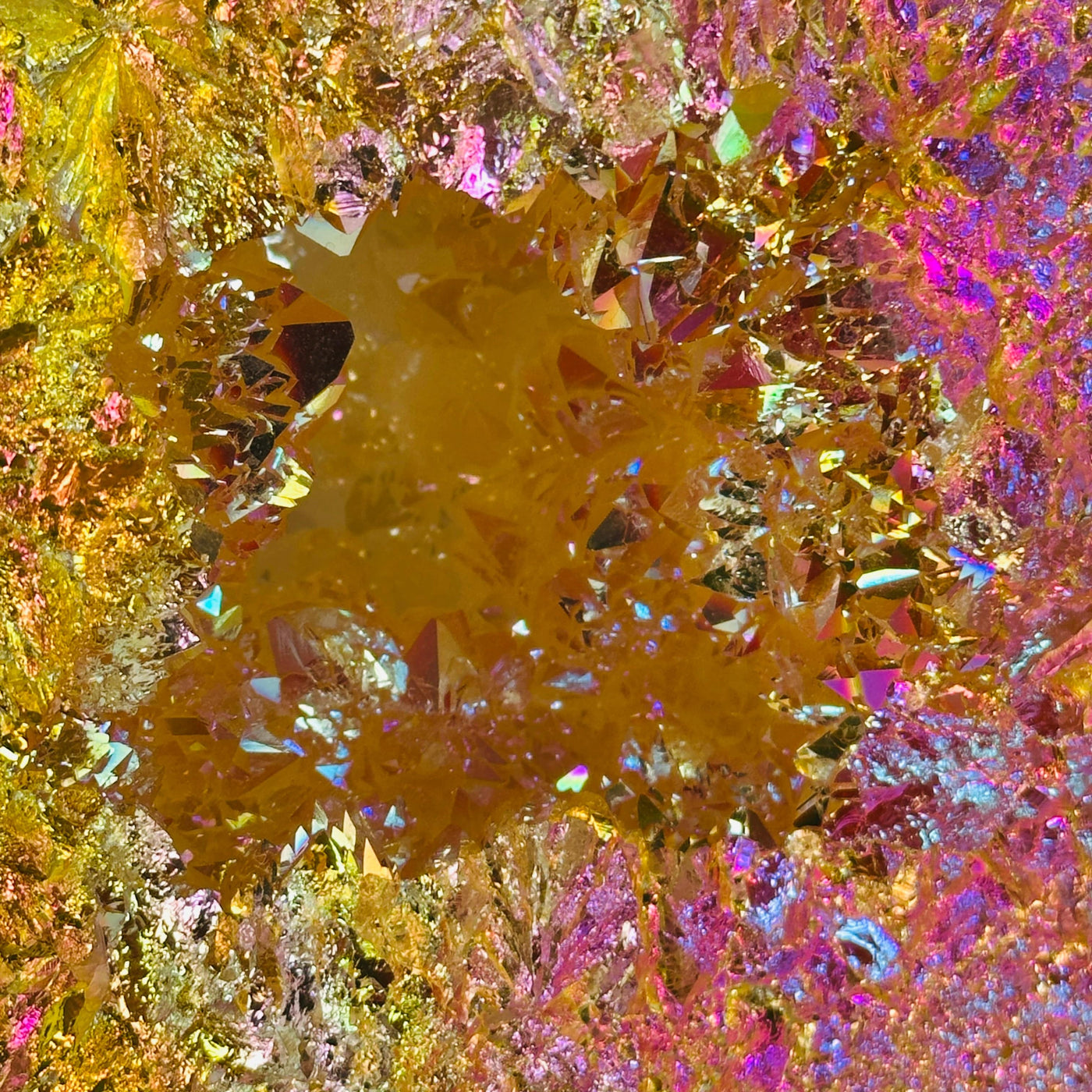 Sunshine Aura Quartz Crystal Geode Pair closeup for detail