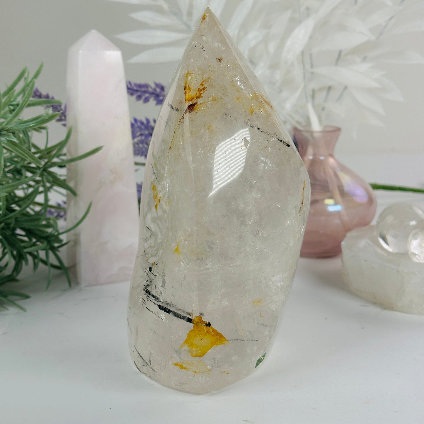 Golden Healer Quartz with Black Tourmaline - Crystal Flame Point Cut Base - One-of-a-Kind #3 side view
