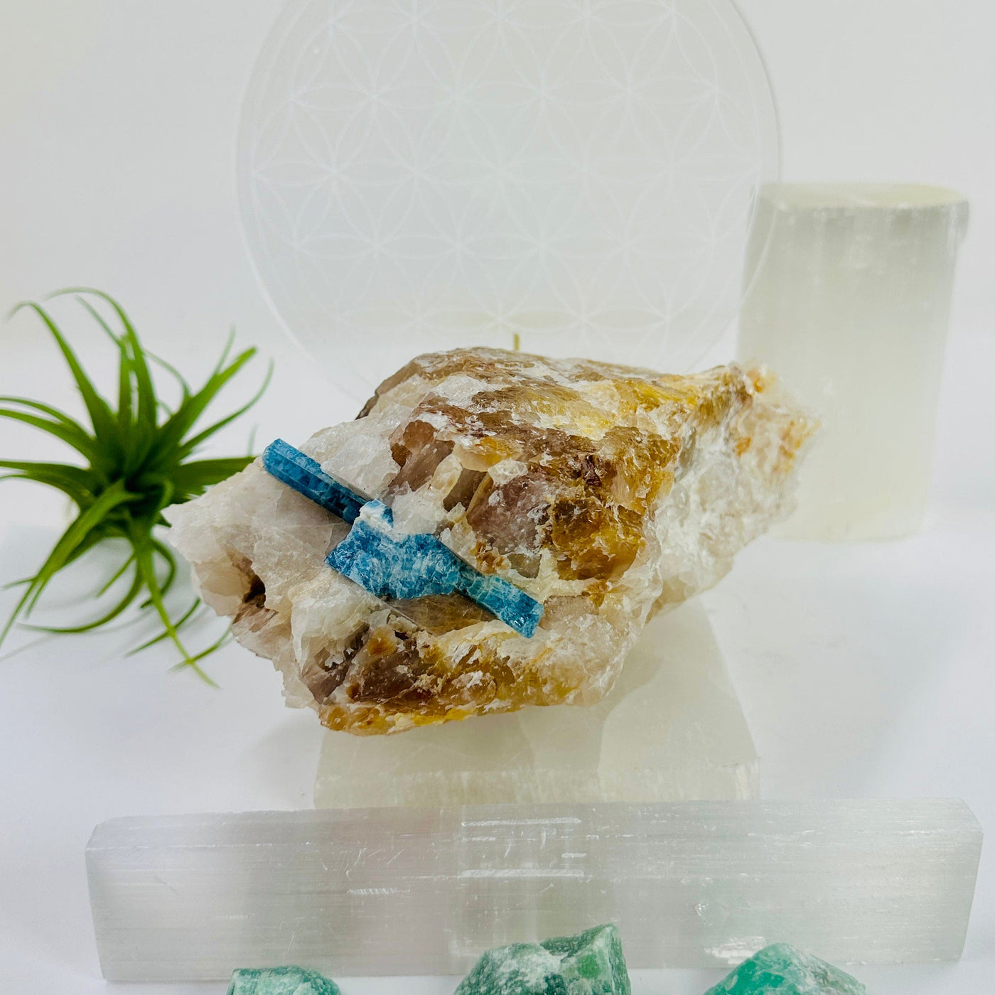 Aquamarine in matrix - aquamarine crystal embedded in large natural rough stone front view