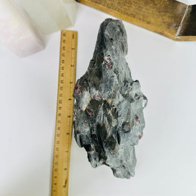 garnet on hematite next to a ruler for size reference