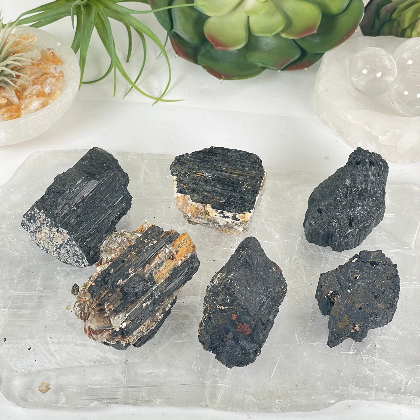 Black Tourmaline Crystal Chunks - You Get All #2 all on selenite platter