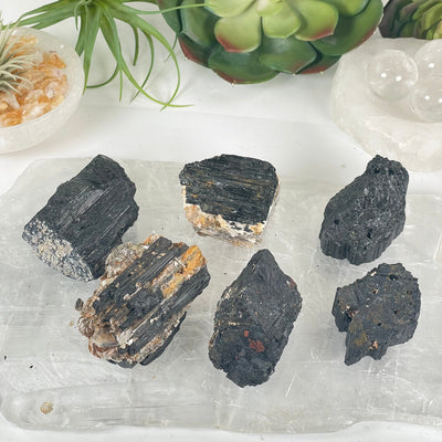 Black Tourmaline Crystal Chunks - You Get All #2 all on selenite platter