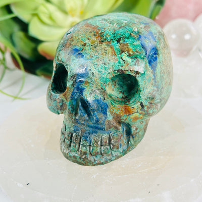 Azurite with Malachite Crystal Skull front side view