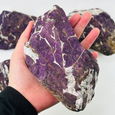 hand holding up purpurite with others in the background