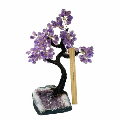 amethyst tree next to a ruler for size reference