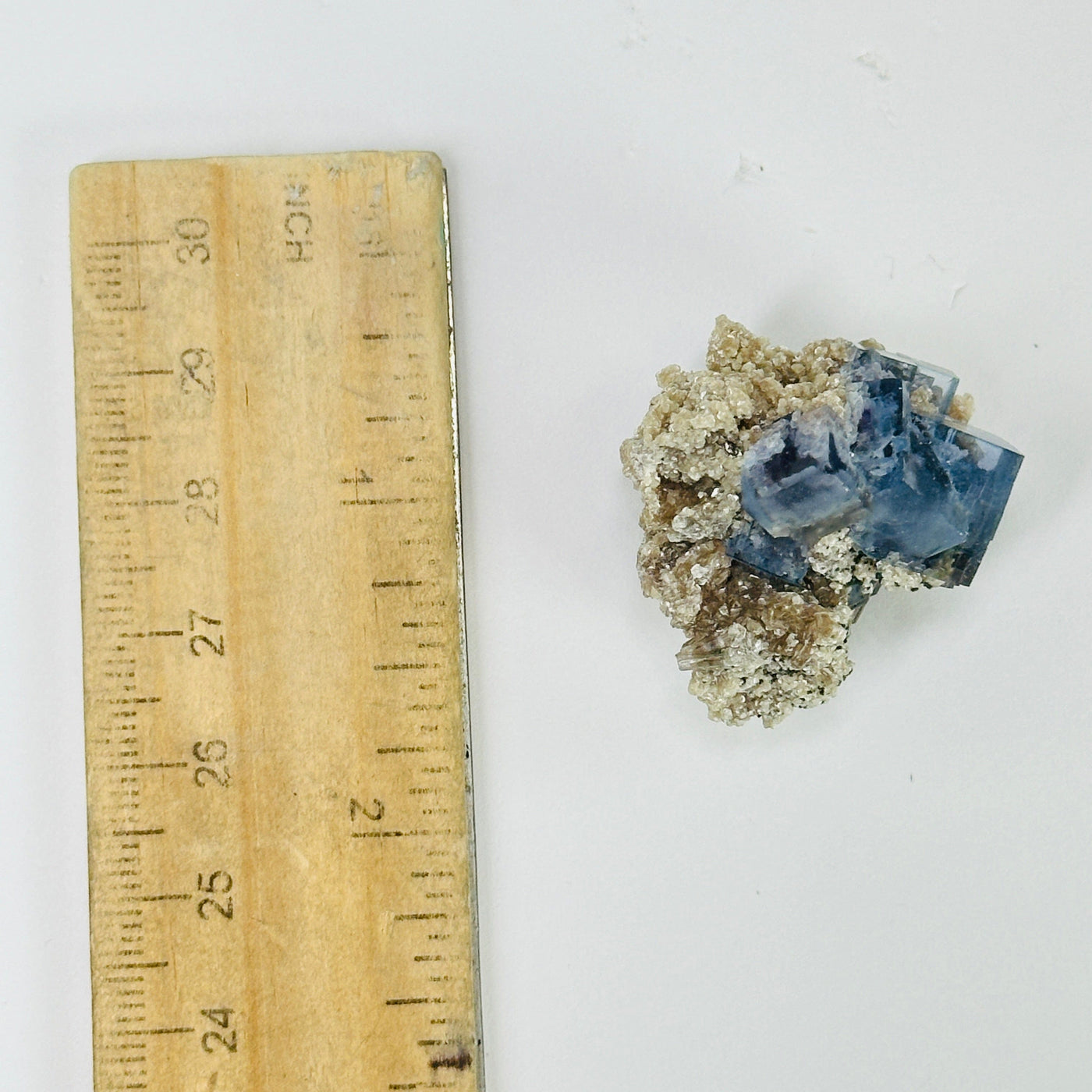 blue fluorite next to a ruler for size reference