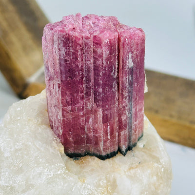 watermelon tourmaline with decorations in the background