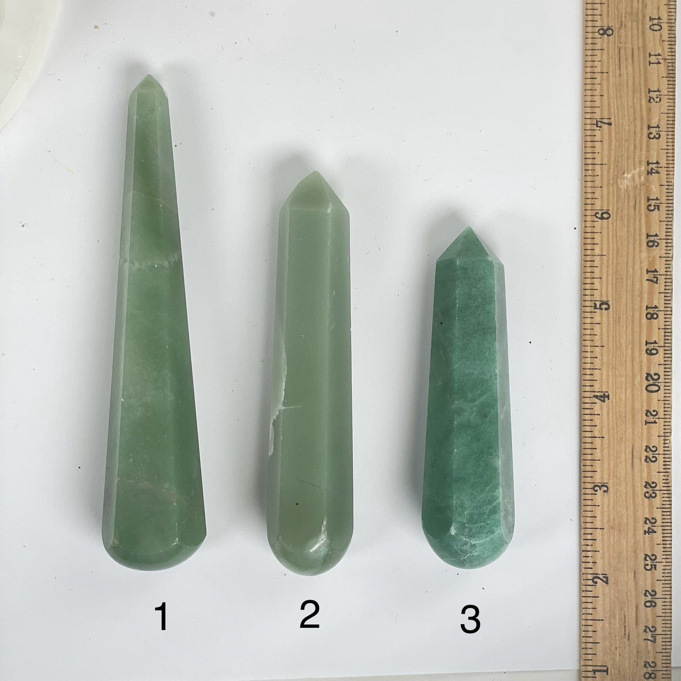 Green Aventurine Crystal Massage Wand - You Choose variants 1, 2, and 3 labeled with ruler for size reference