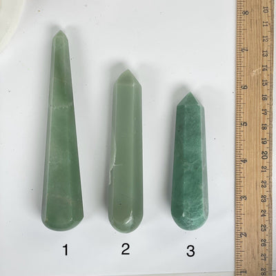 Green Aventurine Crystal Massage Wand - You Choose variants 1, 2, and 3 labeled with ruler for size reference