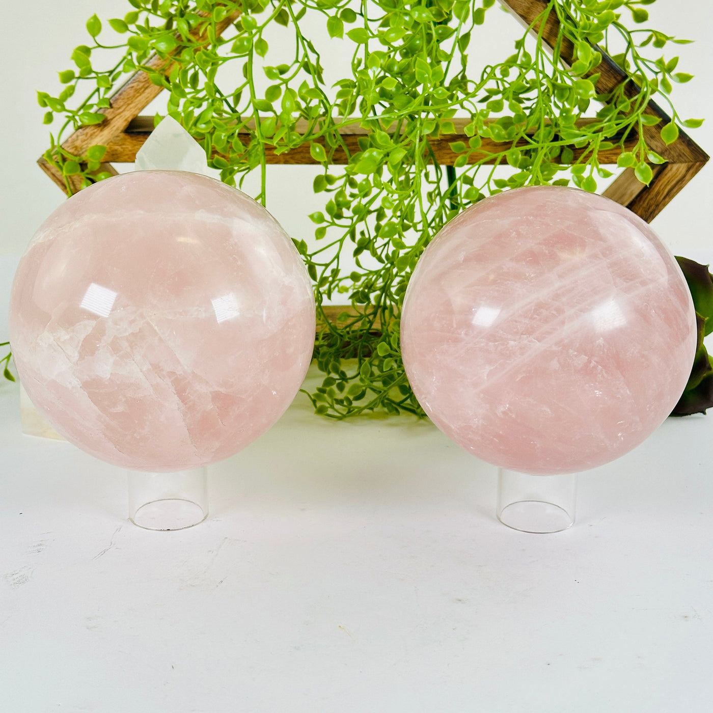 Rose Quartz Crystal Sphere - You Choose both variants on sphere stands front view