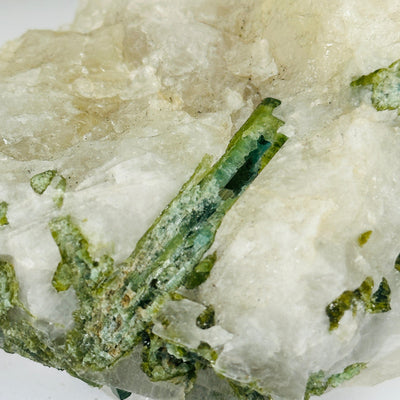 Green Tourmaline Rough Crystal on Quartz Matrix - One-of-a-Kind closeup for detail