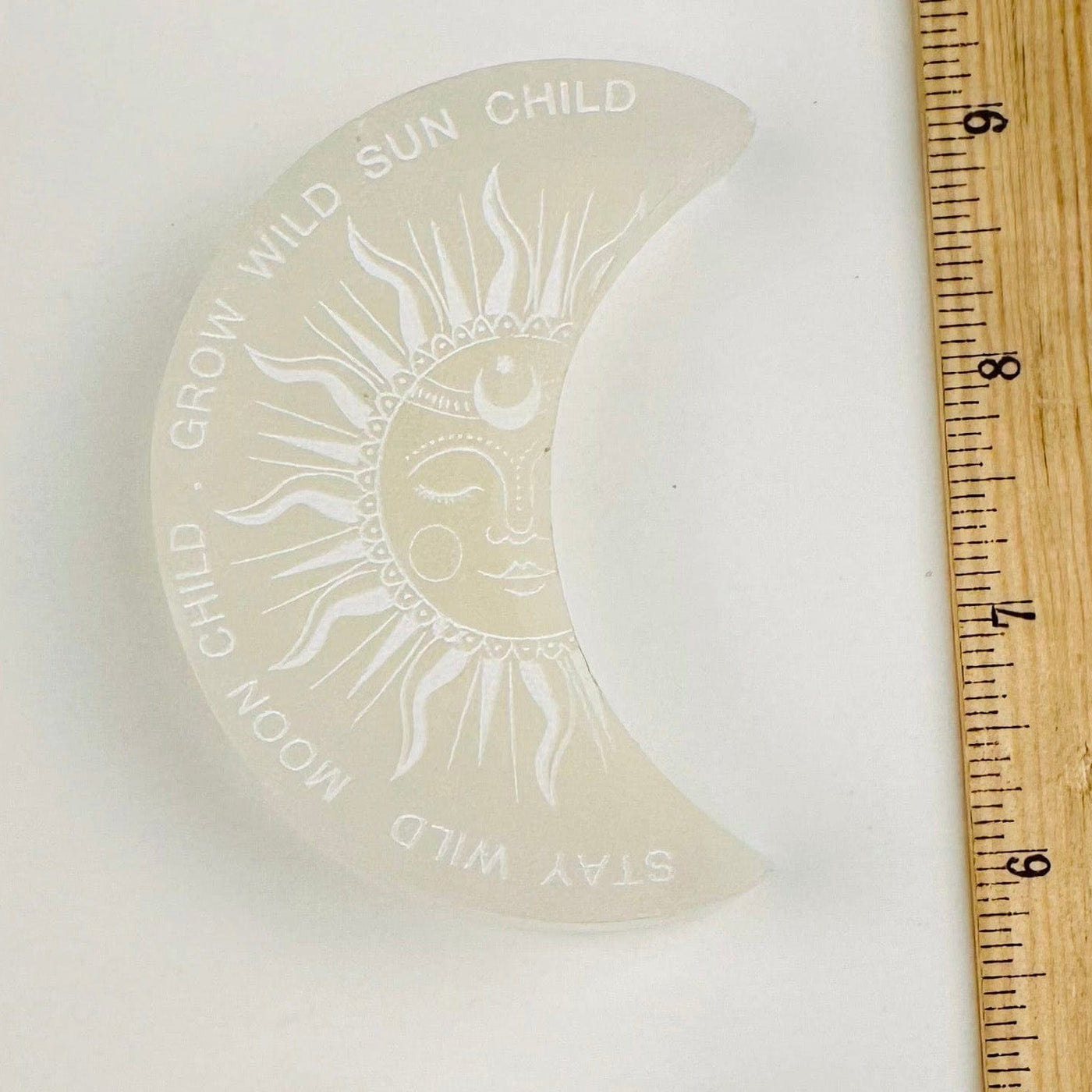 Selenite Moon Engraved Charging Plate - Sun and Moon Design - with ruler for size reference