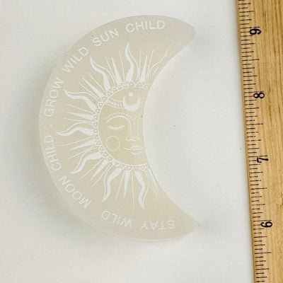 Selenite Moon Engraved Charging Plate - Sun and Moon Design - with ruler for size reference