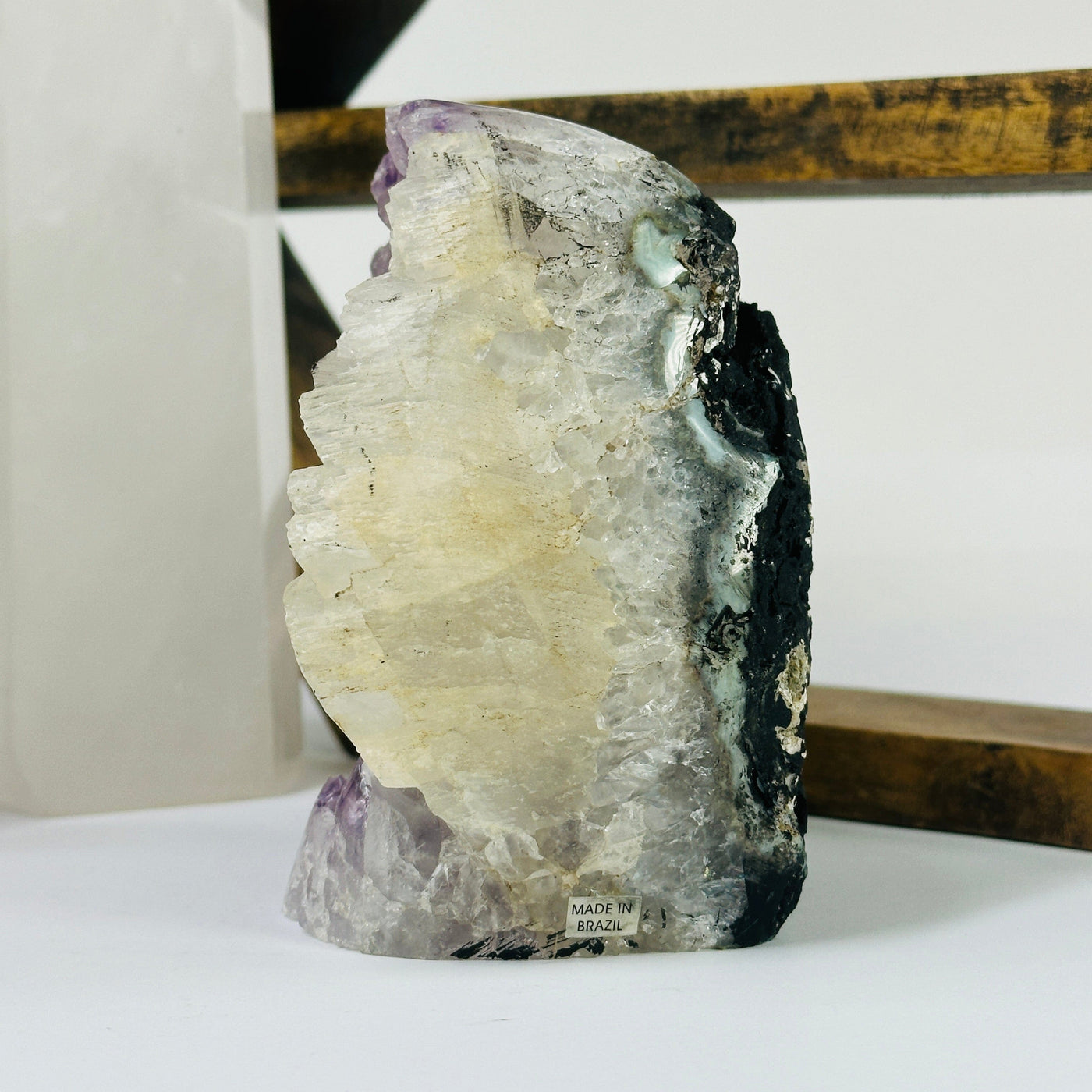 amethyst cut base with decorations in the background